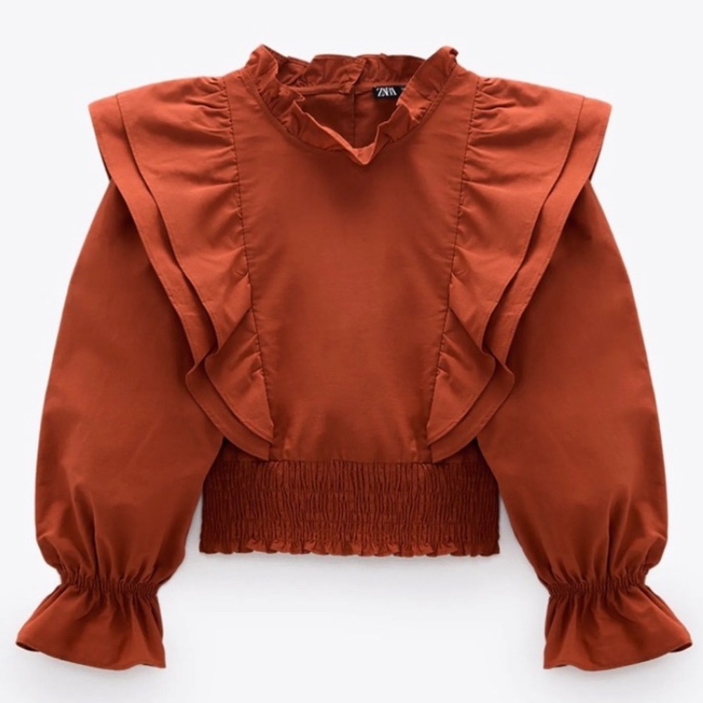 ZARA - RUFFLED POPLIN SHIRT - Burnt Orange - Picture 1 of 11